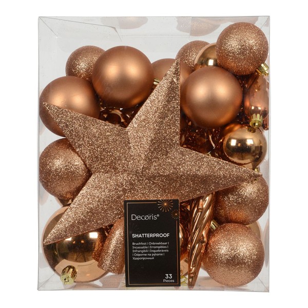 Adornos decoración árbol navidad, bronce, caja 33 piezas